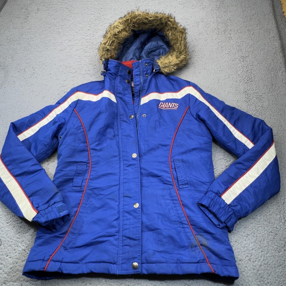 New York Giants Jacket Womens Small Blue Faux Fur Hooded Parka Lined NFL G-III